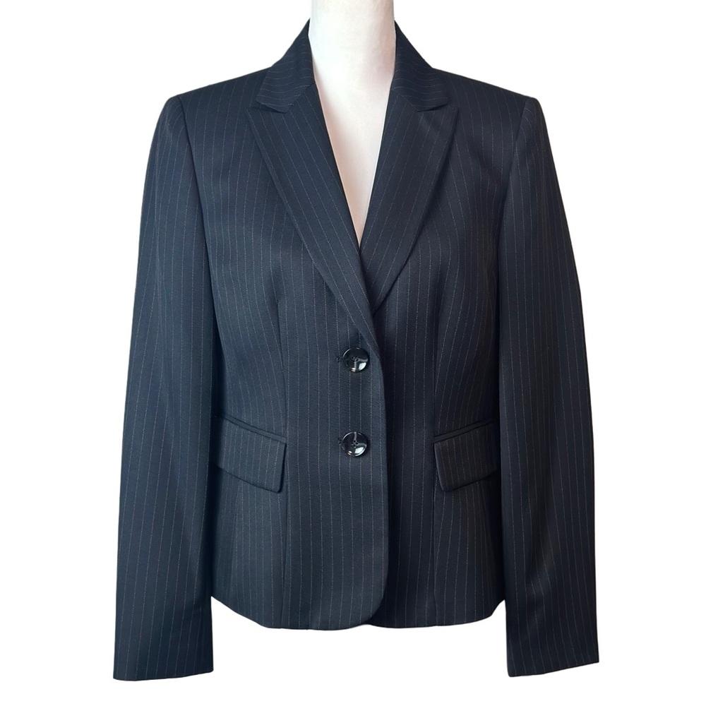 Kasper Women’s Pin Stripe Single Breasted 2 Button Blazer Suit Black Khaki Sz 10